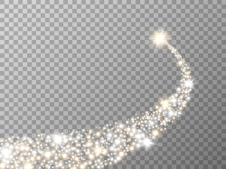 Wall Mural - Glittering star on transparent backdrop. Gold and silver particles. Sparkling comet with stardust. Bright tail concept. Luxury design for advertising, poster, banner. Vector illustration