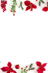 Wall Mural - christmas decoration. frame of flowers of red poinsettia, branch christmas tree, ball, red berry on 