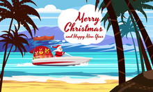 Merry Christmas Santa Claus On Speed Boat On Ocean Sea Tropical Island Palms Mountains Seaside