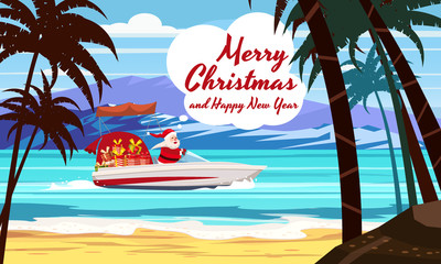 Merry Christmas Santa Claus on speed boat on ocean sea tropical island palms mountains seaside