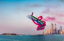 Air Show Over Abu Dhabi Skyline For The UAE National Day Celebration