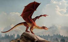 A Huge Red Dragon Is Perched On A Stone Covered Hill. Its Wings Spread, The Monster Of Myth And Legend Looks Out Over A Verdant Valley. 3D Rendering