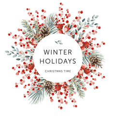 Wall Mural - christmas nature design round frame, text winter holidays, white background. green pine, fir twigs, 