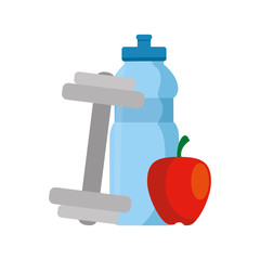 Poster - dumbbell with bottle water and apple vector illustration design