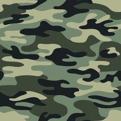 Wall Mural - Seamless classic camouflage pattern. Camo fishing hunting vector background. Masking green brown black color military texture wallpaper. Army design for fabric paper vinyl print.