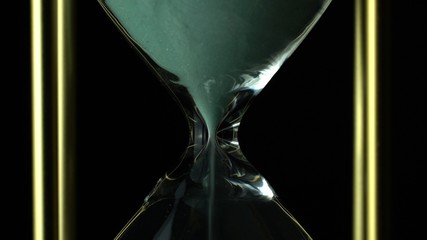 Wall Mural - Still hourglass clock time concept. Old vintage gold metal frame green sand clock countdown on dark background. Close up.