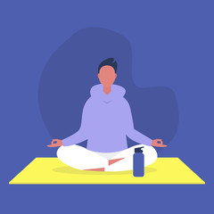 Young male character sitting in a lotus position, relaxation and meditation, yoga studio