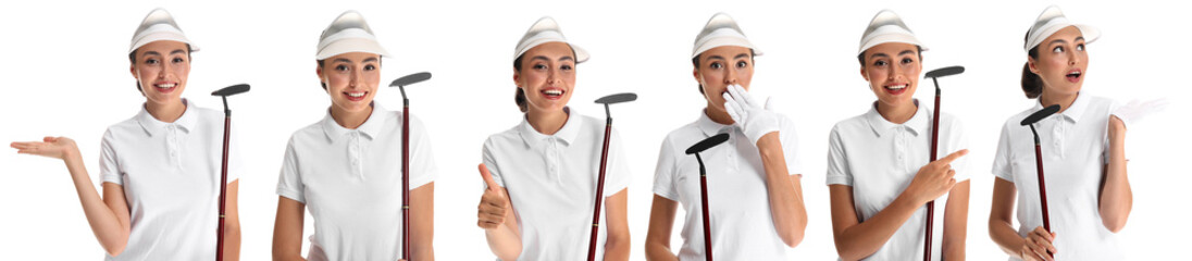 Wall Mural - Set with beautiful golfer on white background