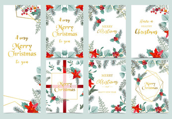 Wall Mural - Collection of Christmas background set with holly leaves,flower,geometric.Editable vector illustration for New year invitation,postcard and website banner