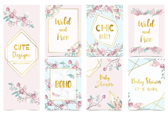 Wall Mural - Collection of boho cards set with flower,feather.Vector illustration for birthday invitation,postcard and sticker.Editable element