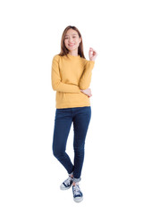 full length of young asian beautiful girl standing and smiles over white background