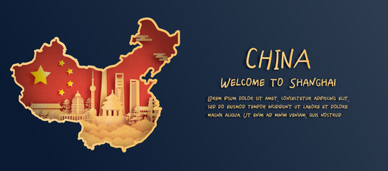 Wall Mural - China flag and map with Shanghai skyline, world famous landmarks in paper cut style vector illustration