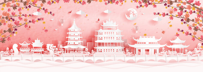 Fototapete - Autumn in Hangzhou, China with falling maple leaves and world famous landmarks in paper cut style vector illustration