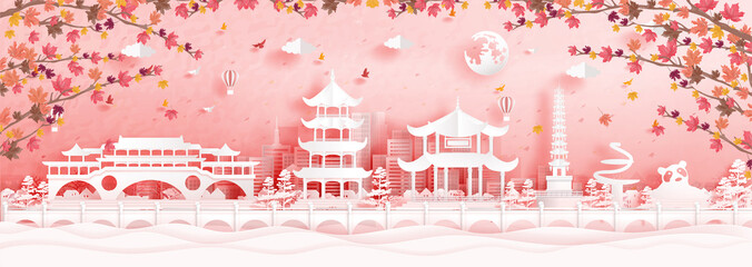 Fototapete - Autumn in Chengdu, China with falling maple leaves and world famous landmarks in paper cut style vector illustration