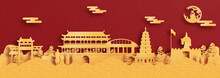 Panorama Postcard And Travel Poster Of World Famous Landmarks Of Xian, China In Paper Cut Style Vector Illustration