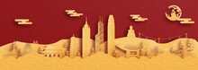 Panorama Postcard And Travel Poster Of World Famous Landmarks Of Hong Kong, China In Paper Cut Style Vector Illustration