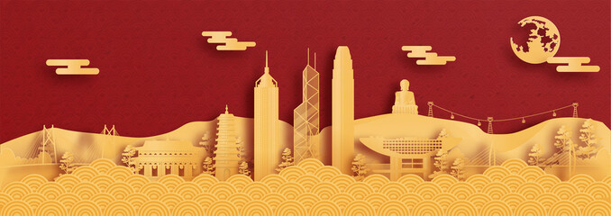 Fototapete - Panorama postcard and travel poster of world famous landmarks of Hong Kong, China in paper cut style vector illustration