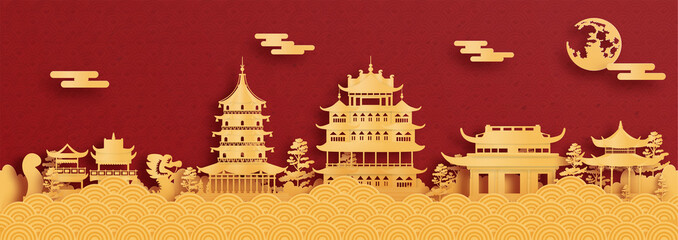 Fototapete - Panorama postcard and travel poster of world famous landmarks of Hangzhou, China in paper cut style vector illustration