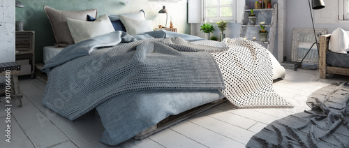 Fotografía Truss Bedroom with Pallet Furniture (panoramic) - 3d visualization
