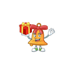 Sticker - Mascot of christmas bell character up a gift