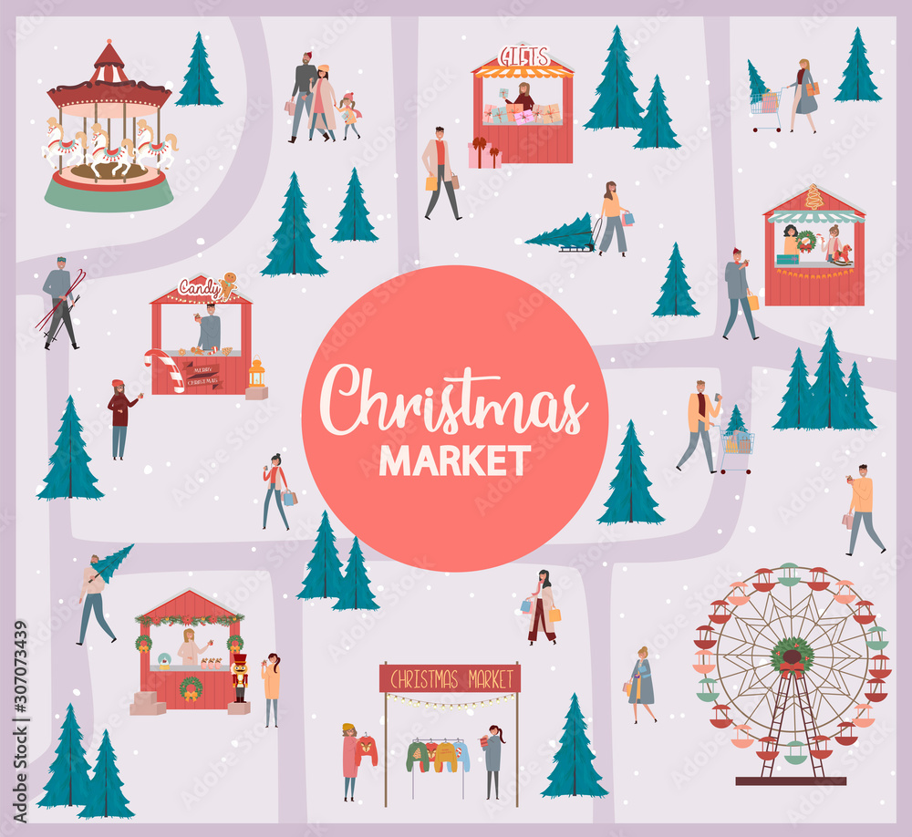 Christmas Market map with store and attraction. People selling and ...