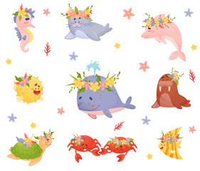 Wall Mural - Cute Set Of Cartoon Sea Animals And Fish Vector Illustrations