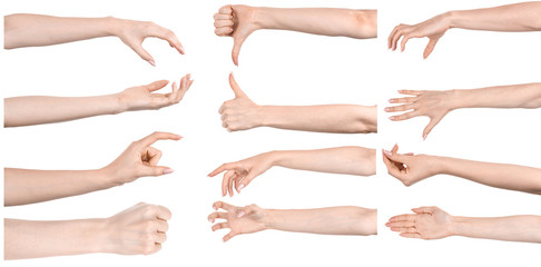 Multiple images set female caucasian hands isolated white background showing different gestures. Collage of hands of a girl with manicure 