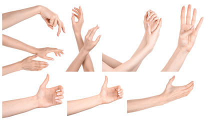 Multiple images set female caucasian hands isolated white background showing different gestures. Collage of hands of a girl with manicure 