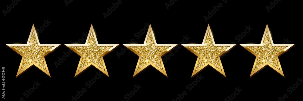 Realistic five shiny golden star set on black - obrazy, fototapety, plakaty 