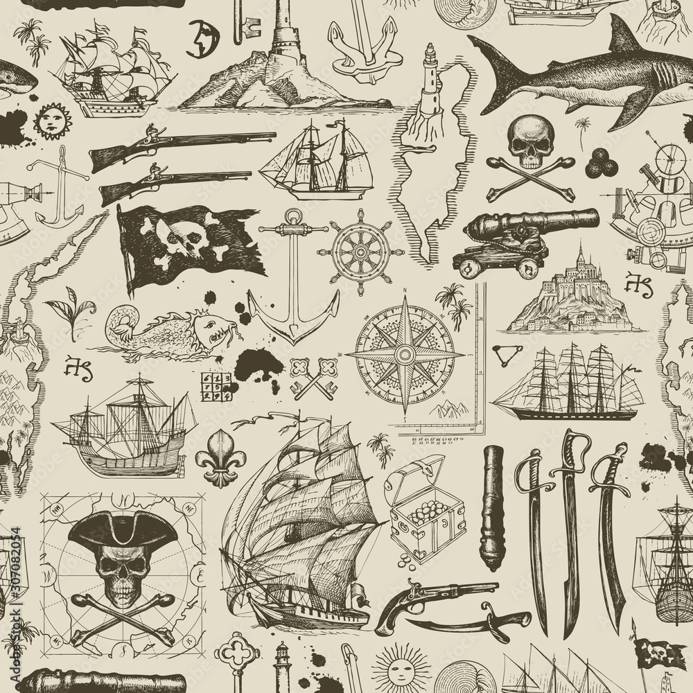 Vector abstract seamless pattern on the pirate theme with hand-drawn ...