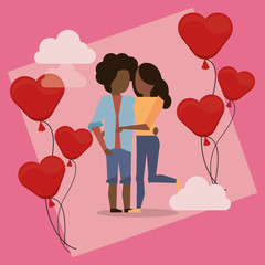 Wall Mural - afro lovers couple with hearts balloons helium