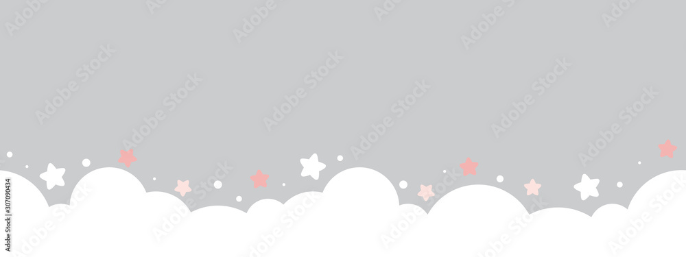 cute cloud and stars on pastel grey bottom border seamless pattern. - obrazy, fototapety, plakaty 