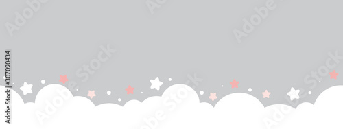 Cotton fabric cute cloud and stars on pastel grey bottom border seamless pattern.