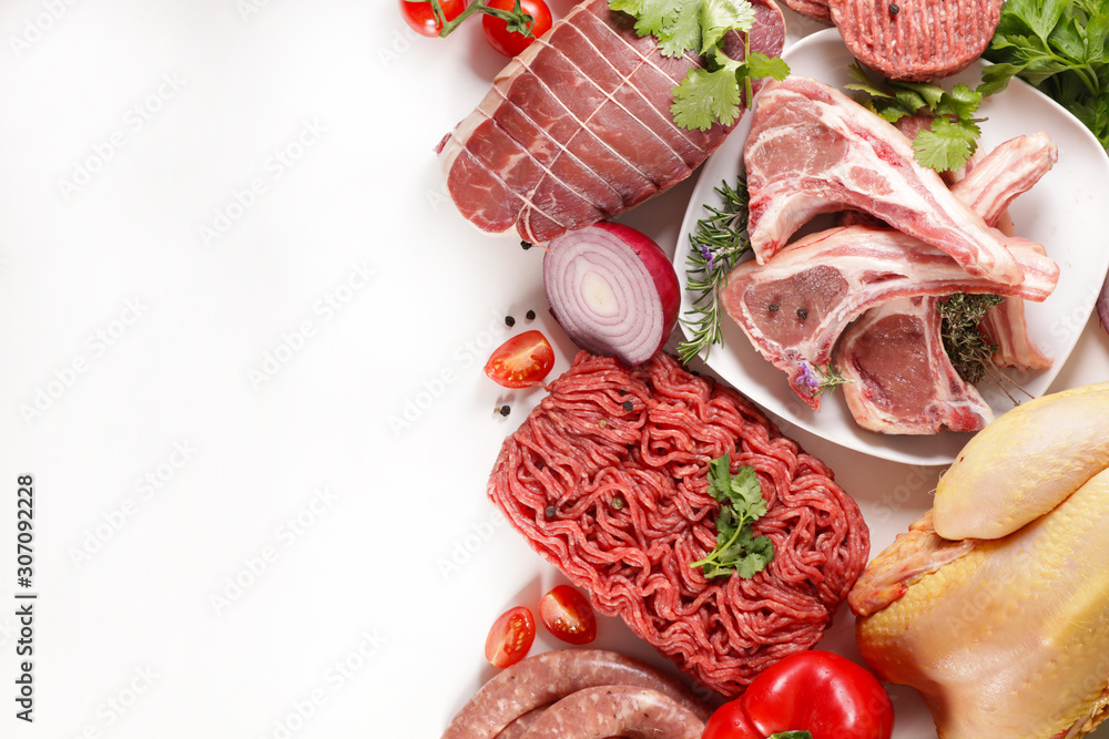 assorted of raw meats, beef- sausage- chicken isolated on white background - obrazy, fototapety, plakaty 