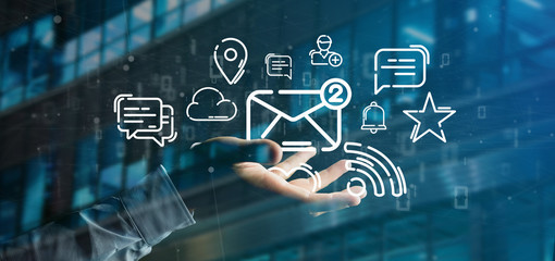 Businessman holding a cloud of social media network icon