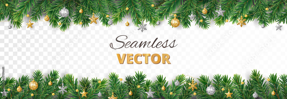 Vector Christmas decoration. Christmas tree border, frame with golden ornaments. - obrazy, fototapety, plakaty 