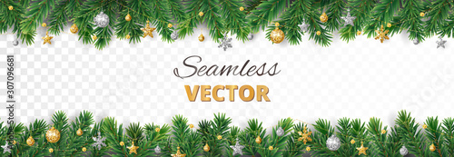 Materiał do szycia Vector Christmas decoration. Christmas tree border, frame with golden ornaments.