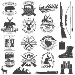 Set of Hunting club badge. Vector Concept for shirt, print, stamp. Vintage typography design with hunting gun, boar, hunter, bear, deer, mountains and forest. Outdoor adventure hunt club emblem