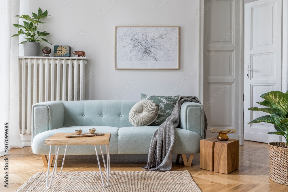 Modern scandinavian living room interior with stylish mint sofa, furnitures, mock up poster map, plants, and elegant personal accessories. Home decor. Interior design. Template. Ready to use.  - obrazy, fototapety, plakaty 