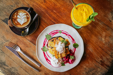 Wall Mural - Stack of vegan pancakes and coffee and juice