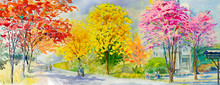 Painting Red Pink Yellow Flower Tree Roadside With Traveling Spring.