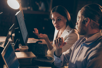 Sticker - Profile side view of nice attractive professional skilled experienced intelligent busy coworkers sharks experts it geek ceo boss chief working at night preparing report at workplace station