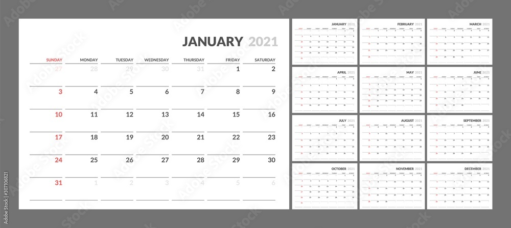 Wall calendar for 2021 year in clean minimal style. Corporate design planner template. Week Starts on Sunday. Set of 12 Months. Ready for print. - obrazy, fototapety, plakaty 