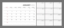 Wall Calendar For 2021 Year In Clean Minimal Style. Corporate Design Planner Template. Week Starts On Sunday. Set Of 12 Months. Ready For Print.