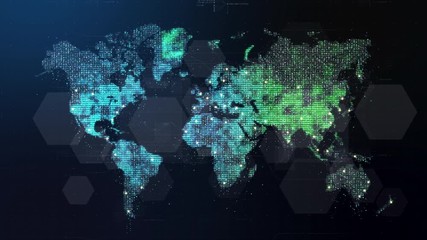 Poster - Futuristic global 5G worldwide communication via broadband internet connections between cities around the world with matrix particles continent map for head up display background