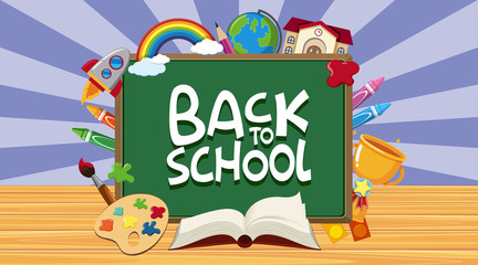 Wall Mural - back to school sign with board and school items