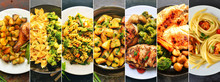 Collage Of Food In The Dishes. A Variety Of Food, Vegetables, Chicken, Close-up And Top View. Options For Dishes.