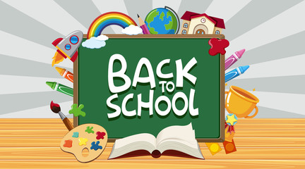 Wall Mural - back to school sign with many stationeries