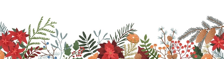 winter season botanical flat vector illustration. leaves and branches of poinsettia, mistletoe, spru