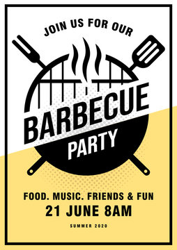 Wall Mural - Lovely vector barbecue party invitation design template. Trendy BBQ cookout poster design with classic charcoal grill, fork, cooking paddle and sample text.